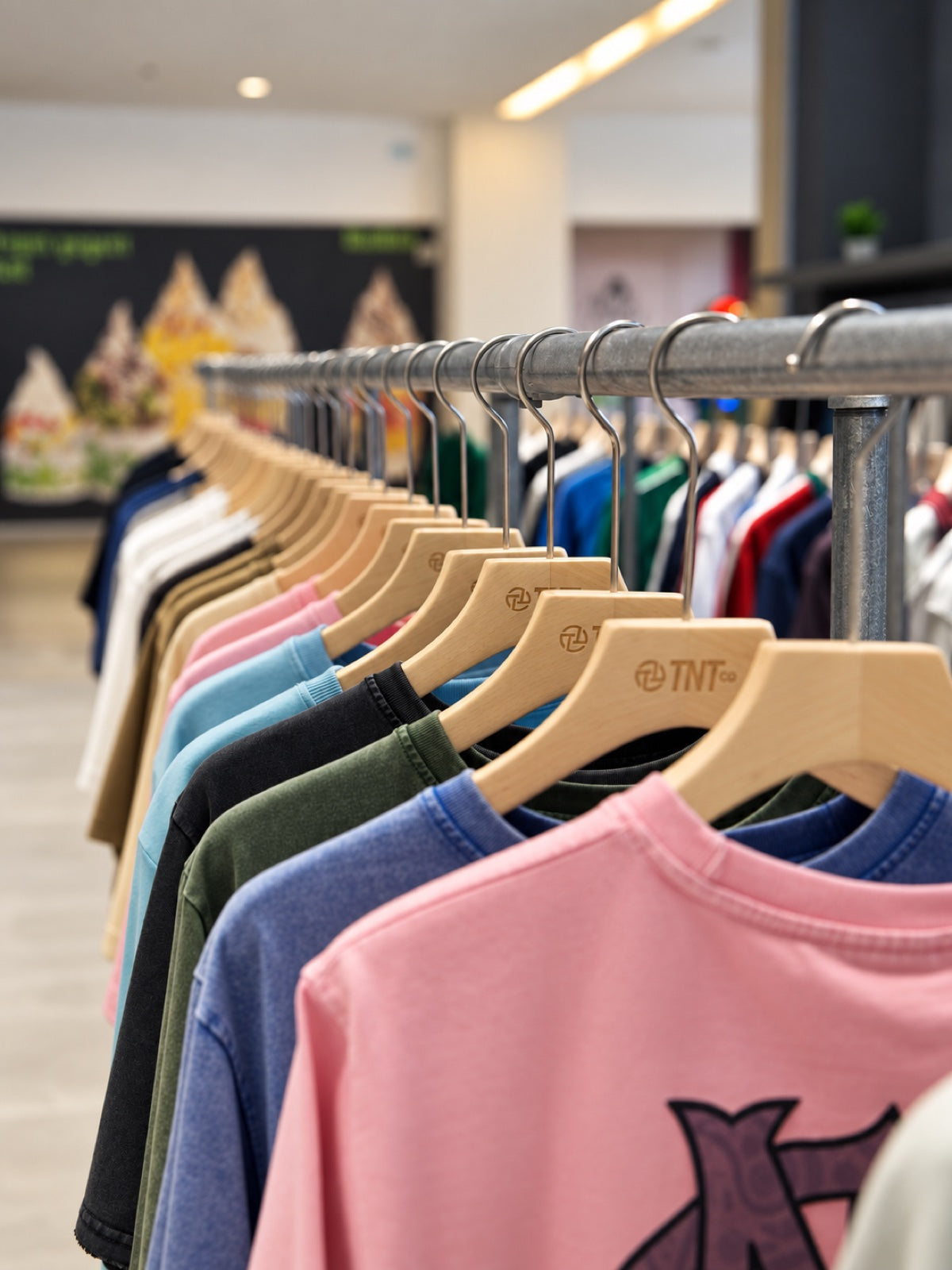 TNTCO hangers and clothing at the Ipoh store